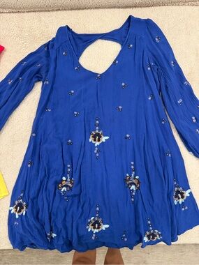 Free People Blue Embroidered Long-Sleeve Women's Tunic Top